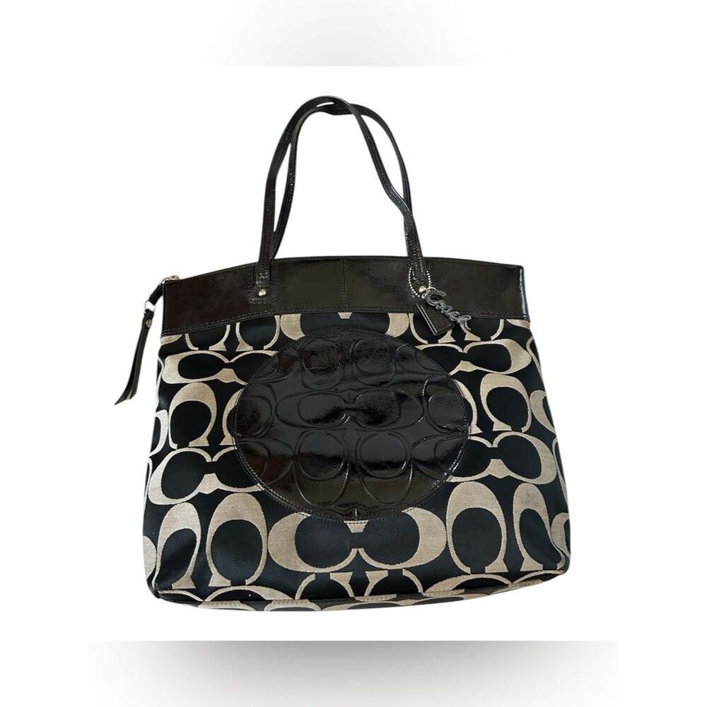 Coach Laura Signature Tote F18335 Black and Beige with Patent Trim